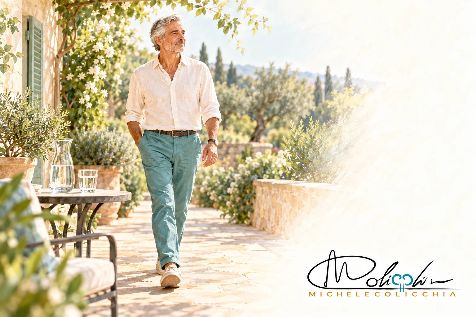 Un uomo cammina all'aperto durante la convalescenza